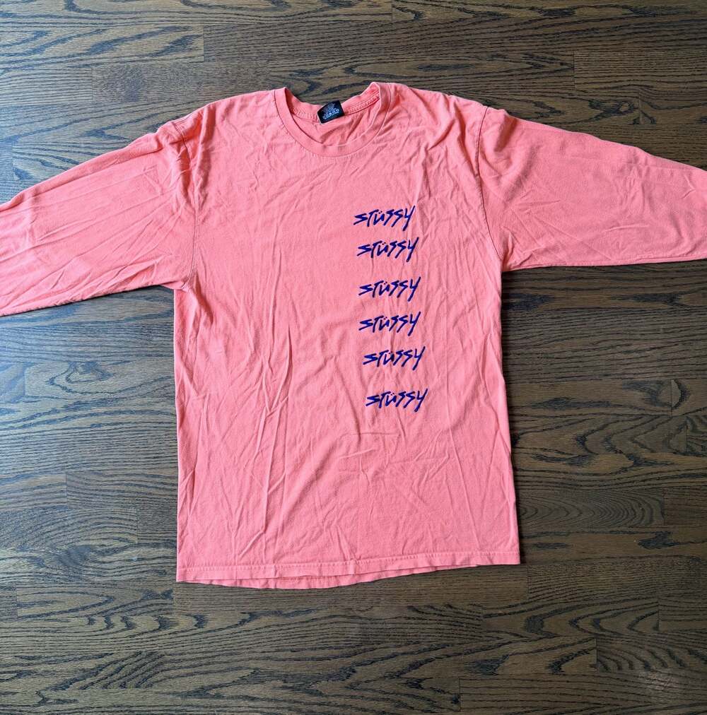 Stüssy Coral Long-Sleeve Shirt with Stacked velvet textured Logo Graphics